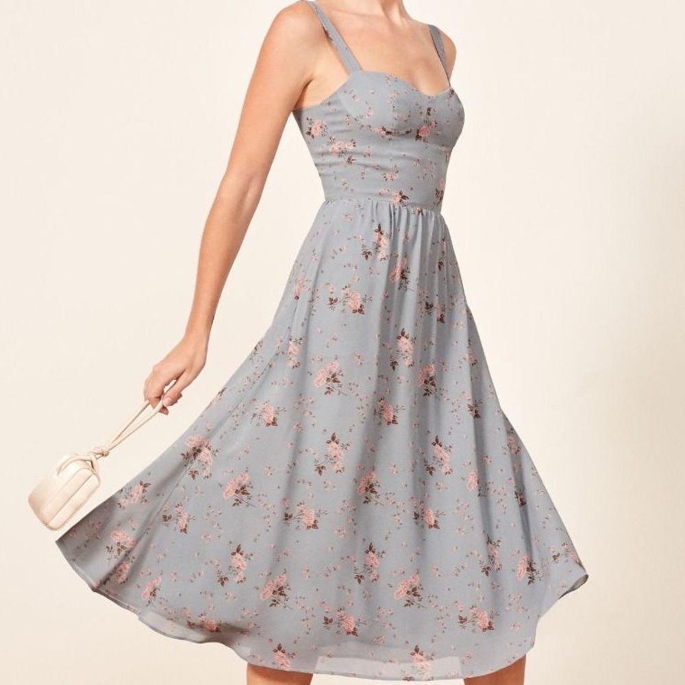 Reformation vintage style dusty blue pink floral sleeveless midi dress like new